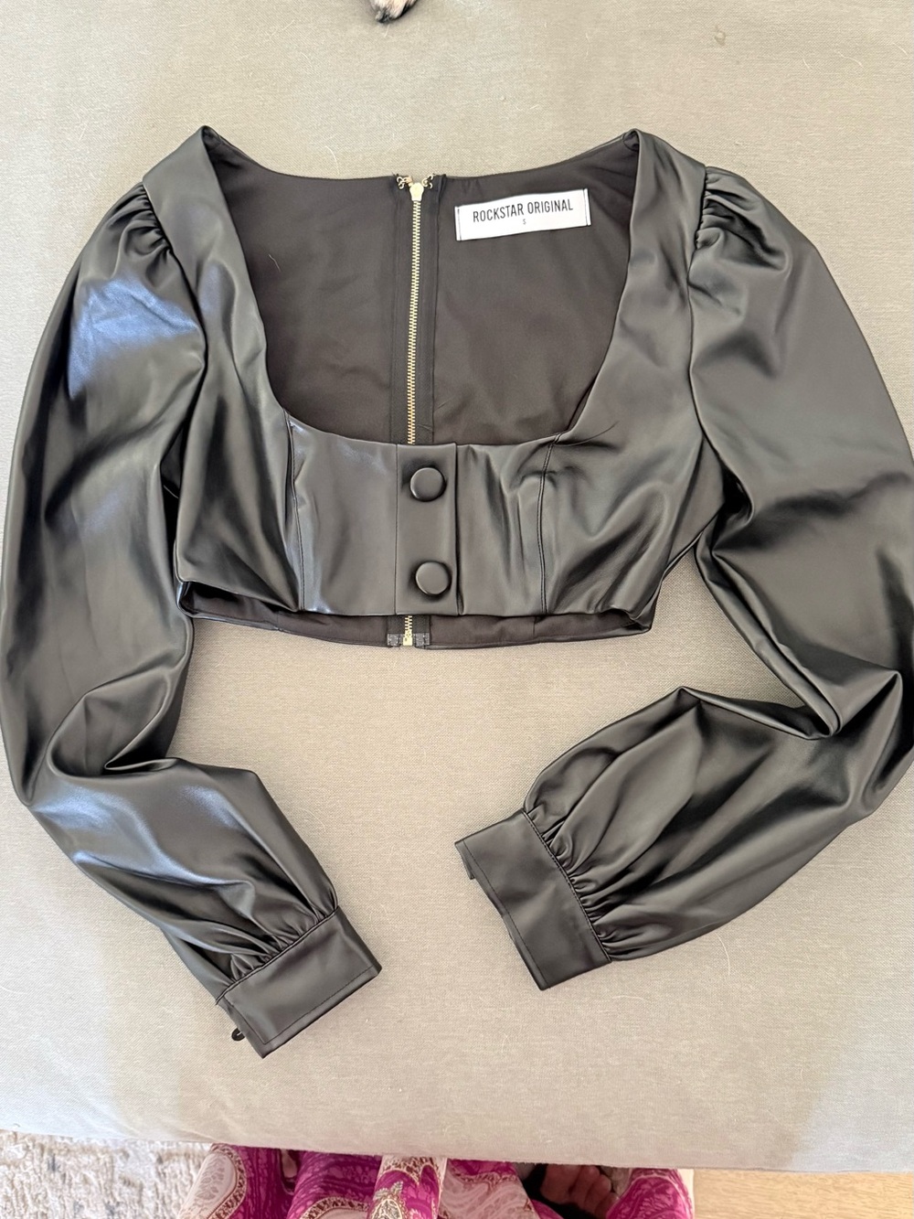 Black Faux Leather Long Sleeve Crop Top